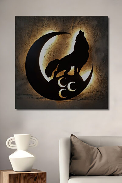 Teona Ahşap Kurt Ay Işığı Dekoratif Ahşap Tablo Ev,Salon,Mutfak,Ofis,Antre,İş...