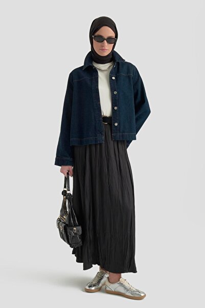 Armine Kırışık Efektli Saten Etek Siyah