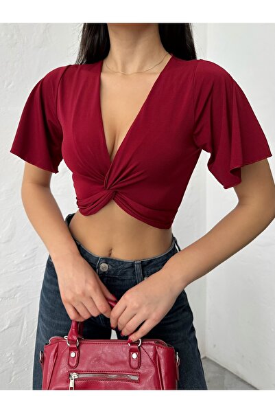 QUTTA بلوزة نسائية قصيرة بأكمام إسبانية ملتوية من الأمام باللون العنابي