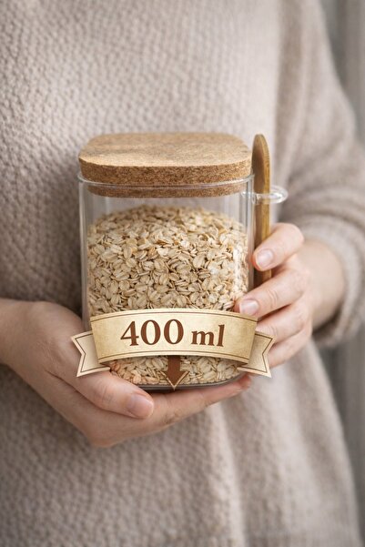 Tutku Home Mantar Kapaklı Borosilikat Cam Kaşıklı Kavanoz - 450 Ml