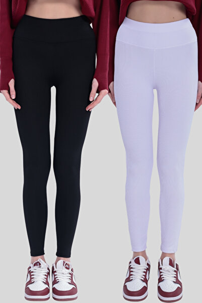 Gizrain Kadın Siyah Beyaz 2'li Paket Yüksek Bel Toparlayıcı Fitilli Spor İç G...