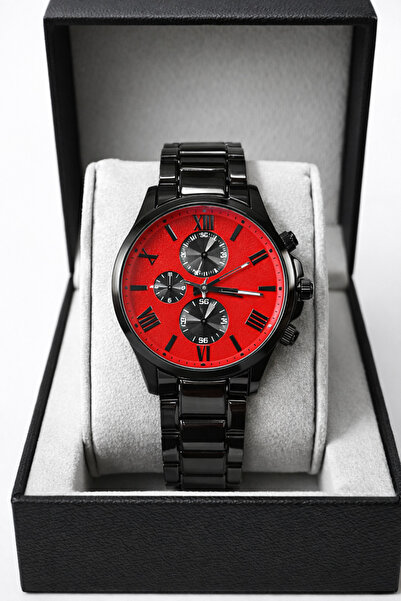 wesscollection Erkek Kol Saati Siyah Metal Kordon Kırmızı Kadranlı Şık ve Mod...