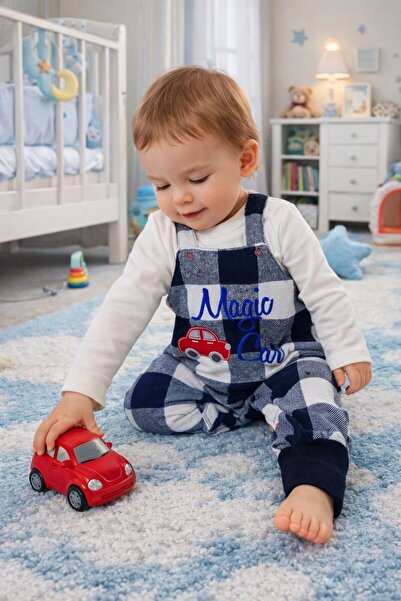Babyhola Plaid Car Patterned Baby Boy Salopet 2-Piece Set 2204