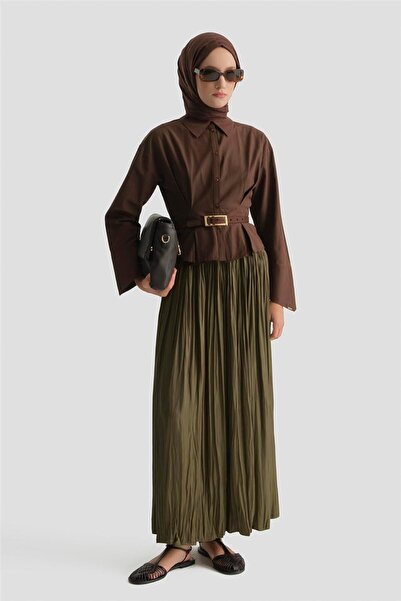 Armine Kırışık Efektli Saten Etek Yağ Yeşili