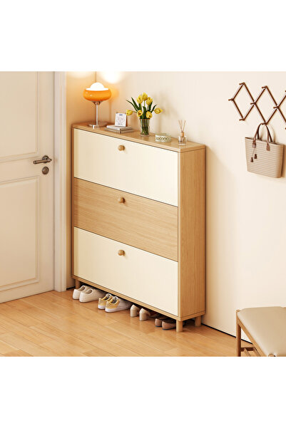 sharpdo خزانة أحذية خشبية صلبة بثلاثة أرفف وغطاء قلاب، خزانة أحذية رفيعة للغا...