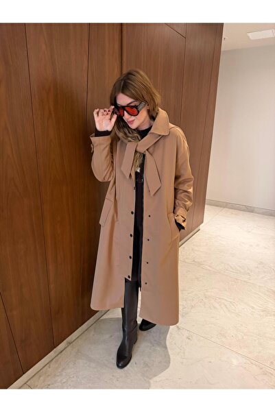 begum mayda Çıkabilir Kapüşon & Pelerinli , Premium , Camel Trençkot