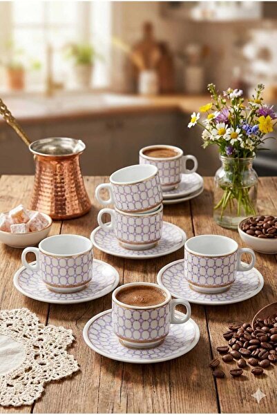 Homerest Modern Etnik Desenli Porselen 6 Kişilik Türk Kahvesi Fincan Takımı, ...