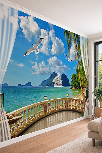 dreamwall Tropikal Sahil ve Yelkenli Gemi Manzaralı Balkon Perspektifli Tekst...