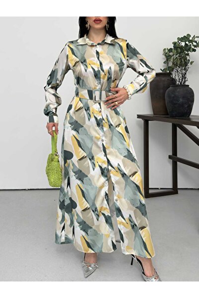 Moda İkra rochie de damă cu guler tip cămașă, cu curea și imprimeu zigzag