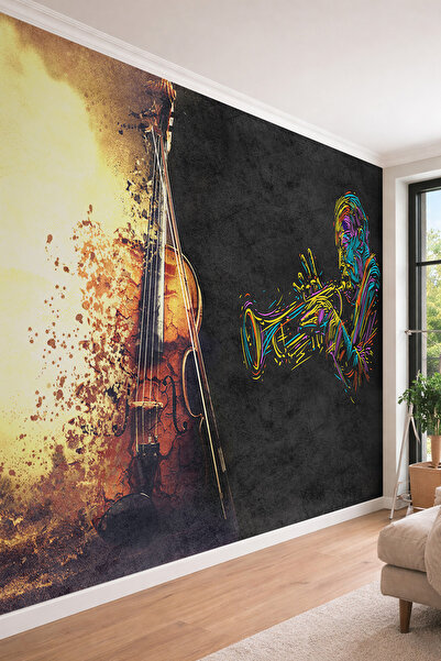 dreamwall Neon Renkli Trompetçi ve Keman Temalı Modern Müzik Odası Tekstil Du...