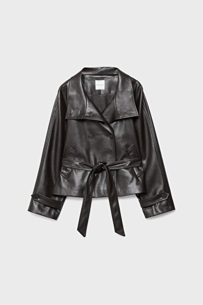 Stradivarius High neck leather effect trench coat