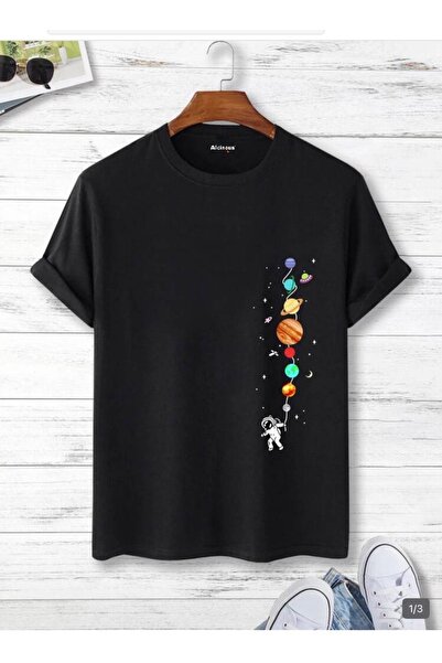 ALCİNOUS Unisex Cotton Black Oversized Printed Crewneck T-Shirt