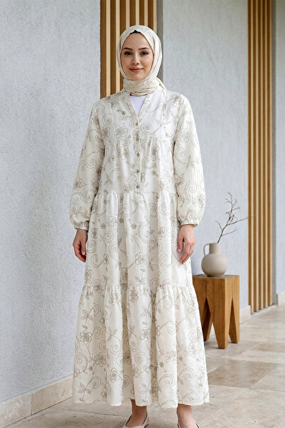 Kirazgym Women's Elastic Sleeves, Half Button, Jacquard Printed, Parted Dress...