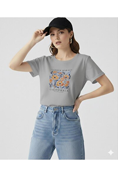 FAVORİST Flower Market California Printed Women's Crew Neck Tshirt