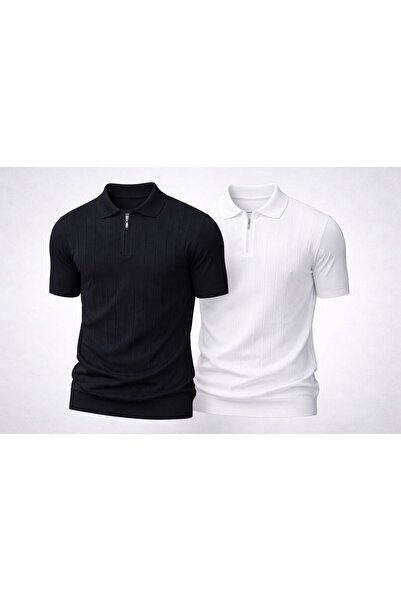 zs zaos fashion Σετ 2 τεμαχίων ανδρικά πλεκτά μπλουζάκια με φερμουάρ poloyaka...
