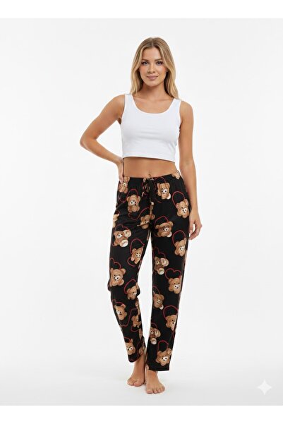 Belifanti Collection Women's Black Teddy Bear Patterned Ribbon Pajama Bottoms...