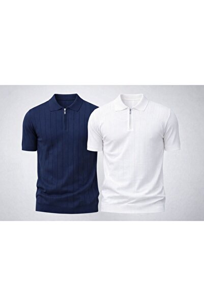 zs zaos fashion Σετ 2 τεμαχίων ανδρικά πλεκτά μπλουζάκια με φερμουάρ poloyaka...