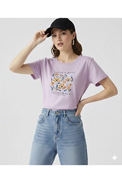 FAVORİST Flower Market California Printed Women's Crew Neck Tshirt