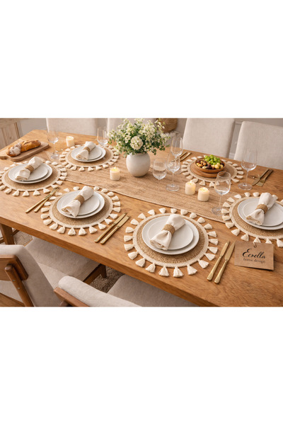 ecrella Hasır Püsküllü Supla – 6’lı Set | Bohem Doğal Amerikan Servis 35 cm