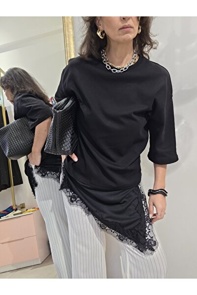 Butik Kadın, Etek Ucu Asimetrik Dantel Detaylı, Bisiklet Yaka, Truvakar Kol, ...