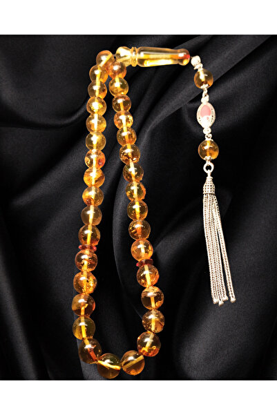 Erbab i Kehribar Fosilli Şeffaf Damla Kehribar Tesbih-925 Ayar Gümüş Püskül T...