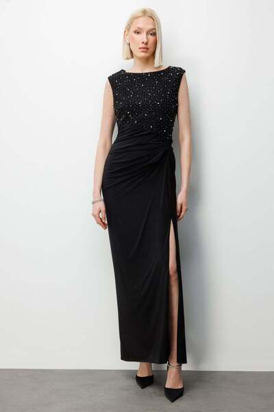 Ekol Taş İşlemeli Yırtmaç Detaylı Maxi Elbise