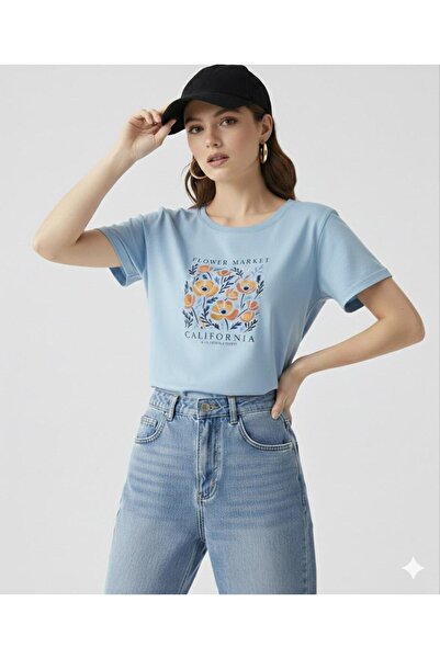 FAVORİST Flower Market California Printed Women's Crew Neck Tshirt