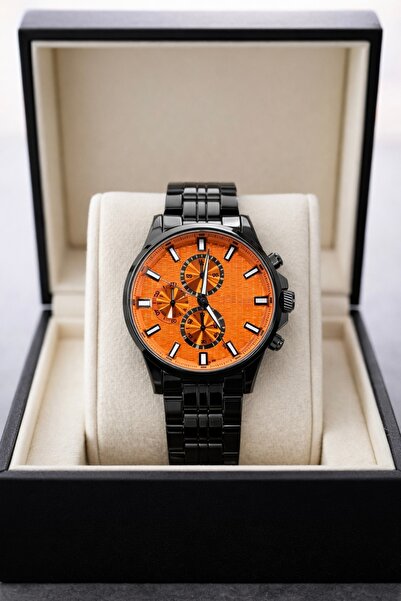 wesscollection Erkek Kol Saati Siyah Çelik Kordon Turuncu Kadran Chronograph ...