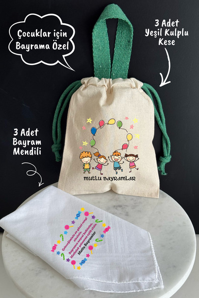 YOLOTEX Çocuklara Özel Bayram Kese ve Mendil Seti (3 Kese+3Mendil)