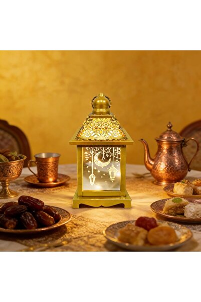 Pomefar Gold Ramadan Lantern,8in,LED Candle,Warm White,Moon Star Pattern,Home...