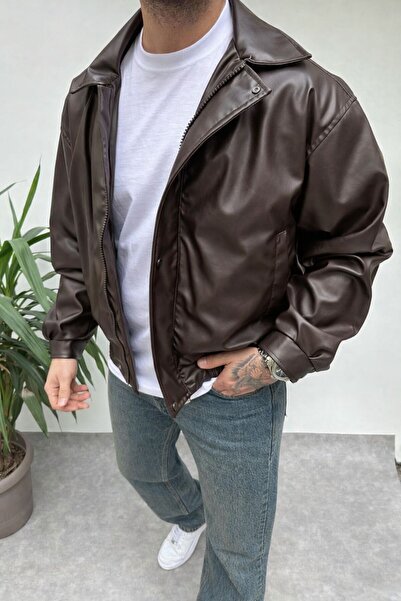 İBOS MODA Jachetă din piele maro, supradimensionată, căptușită, pentru bărbaț...