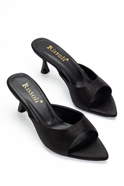 RİSSOLİ Women's Black Satin Pointed Toe Low Heel Sandals