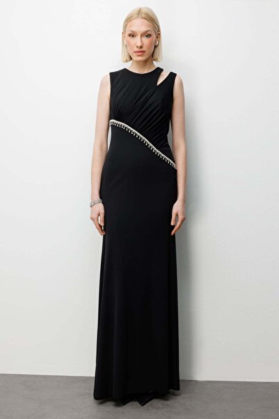 Ekol Taş İşlemeli Omzu Açık Maxi Elbise