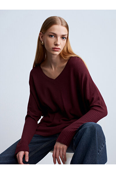 Dilvin 10844 V-Neck Cashmere Blend Sweater-Burgundy