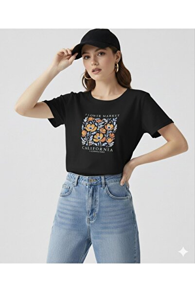 FAVORİST Flower Market California Printed Women's Crew Neck Tshirt