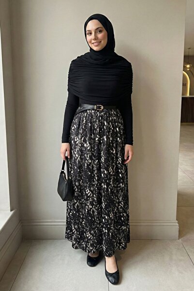 InStyle Chiffon Sandy Belted Draped Black Brush Pattern Dress