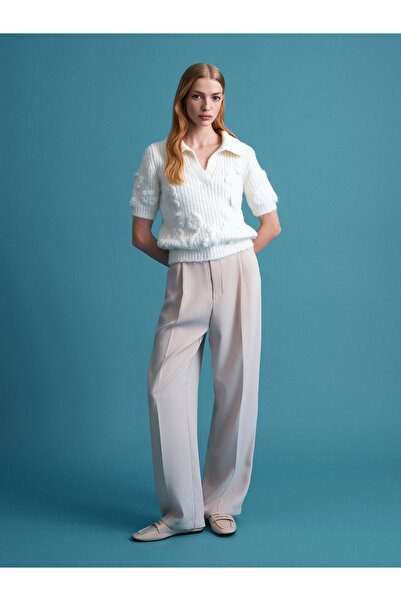 Dilvin 10829 Embroidered Short Sleeve Sweater-Ecru