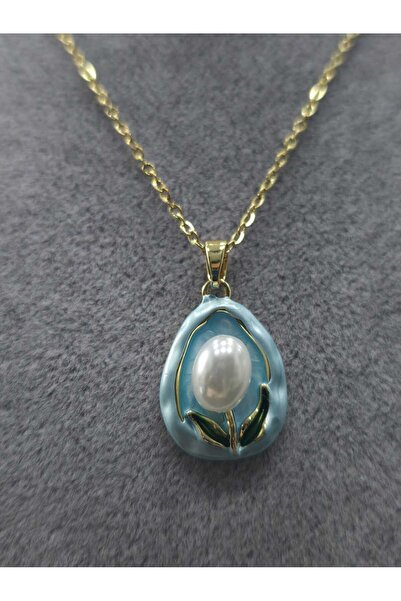 sarıyer silver قلادة نسائية من الفولاذ المطلي بالمينا واللؤلؤ الطبيعي على الط...