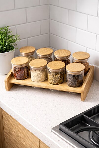 Tutku Home Bambu Standlı Tezgahüstü 8'li Cam Baharat Takımı