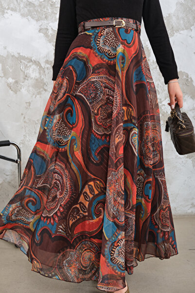 LOCCO Women's Belted Chiffon Skirt Brown