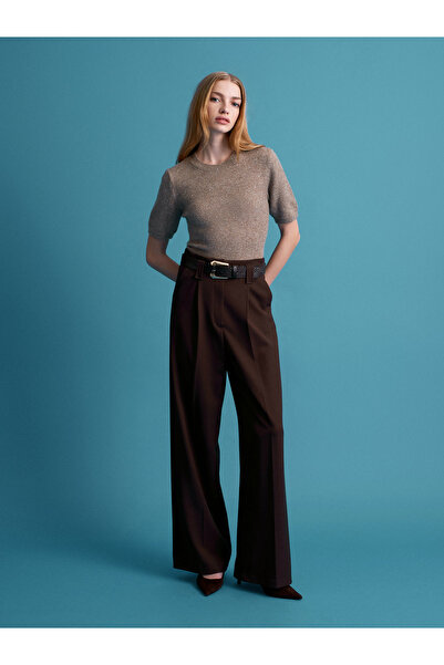 Dilvin 10703 Shiny Short Sleeve Sweater-Light Mink