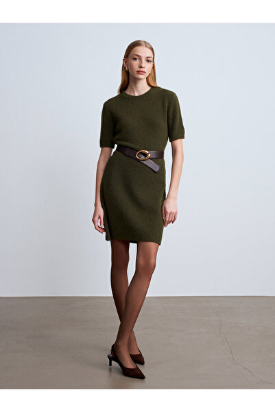 Dilvin 90257 Crew Neck Wool Blend Knitwear Dress-Khaki M.