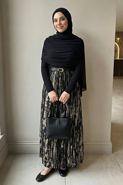 InStyle Chiffon Sandy Belted Draped Black Polka Dot Pattern Dress