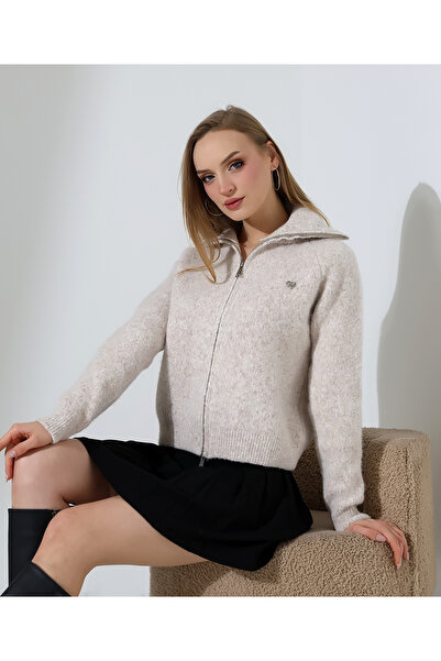 Moxsira Ekru Fermuarlı Triko Ceket