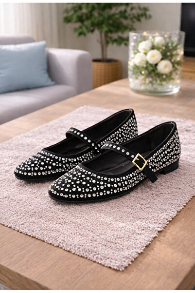Jackers Black and White Stone Design Arched Thin Heeled Women's Daily Balleri...
