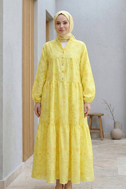 Kirazgym Women's Elastic Sleeves, Half Button, Jacquard Printed, Parted Dress...