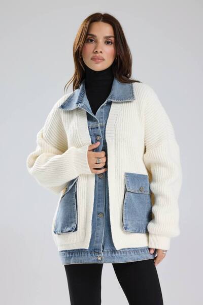 tw3 Γυναικεία Χοντρή Πλεκτή Ζακέτα από Ύφασμα Τζιν με Σχέδιο Γαρνιρισμένο