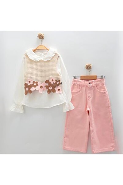 kokosh _ kidss burcu sapmaz Kız çocuk çiçek motifli yelek pantolon ve gömlek ...