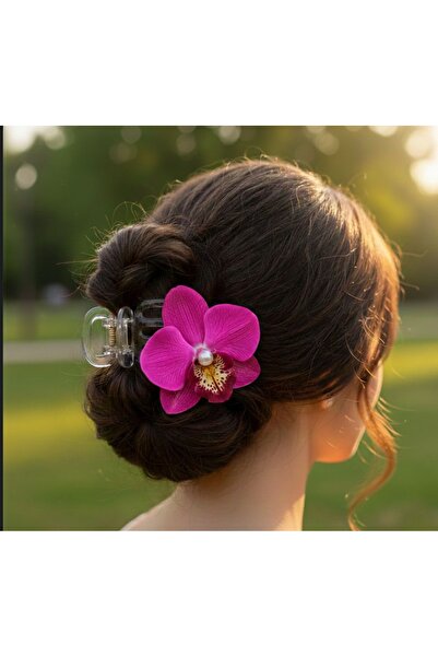 SOFT Kıskaçlı çift yönlü orkide çiçeği incili aloha topuz tokası