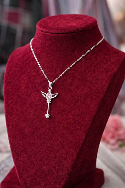 Sweet bunny Steel Necklace with Pink Stone and Angel Wing Key Figure